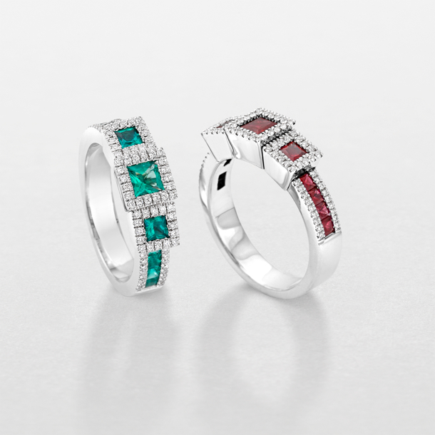 white gold with diamonds and precious color stones ring