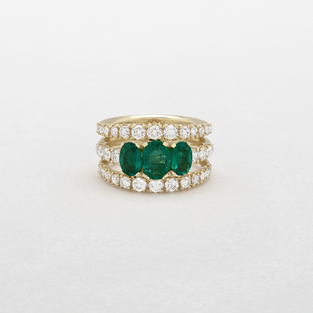 rose gold with diamonds and emeralds ring