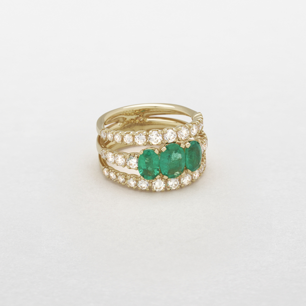 rose gold with diamonds and emeralds ring