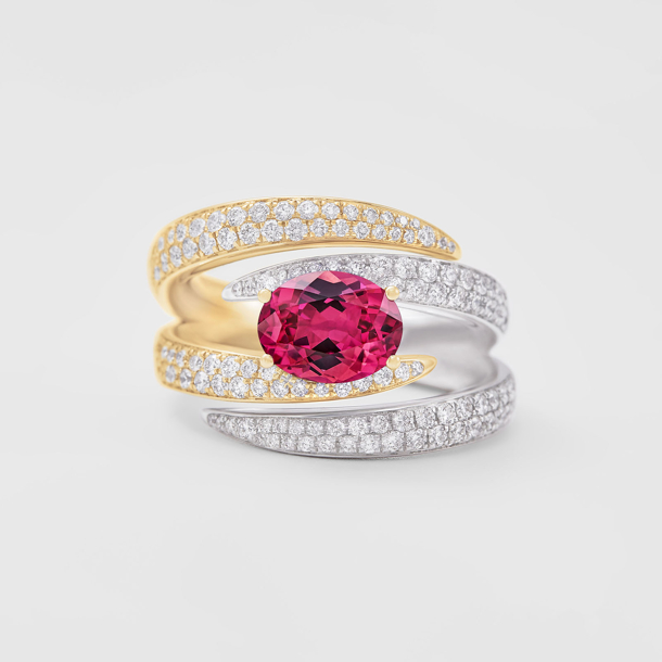 white and rose gold with diamonds and pink tourmaline ring