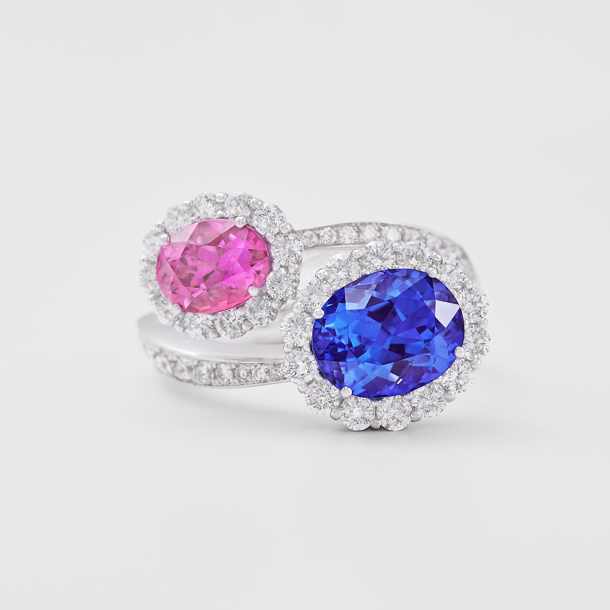 white gold with diamonds, pink sapphire and tanzanite ring