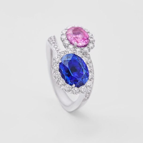 white gold with diamonds, pink sapphire and tanzanite ring