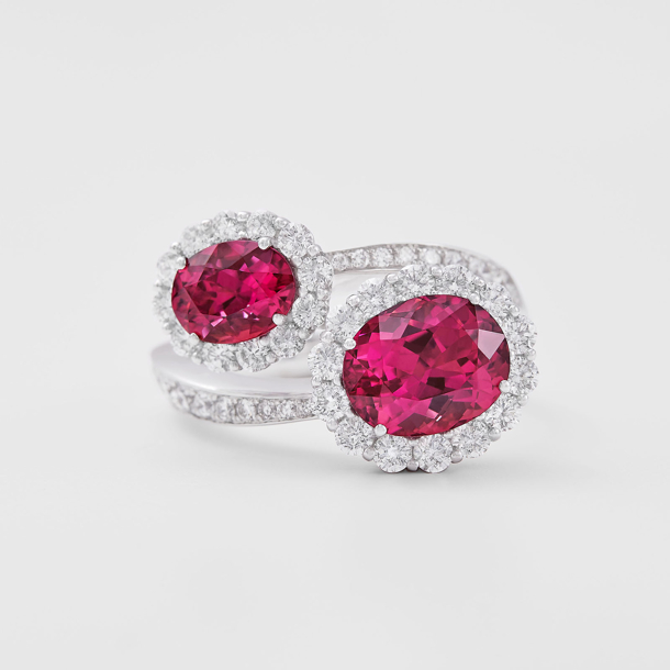 white gold with diamonds and pink tourmalines ring