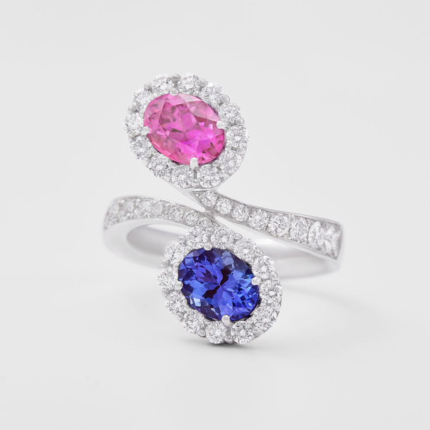 white gold with diamonds, pink sapphire and tanzanite ring