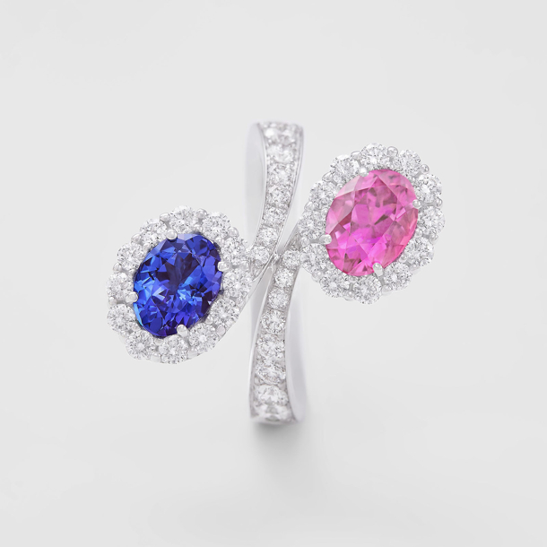 white gold with diamonds, pink sapphire and tanzanite ring