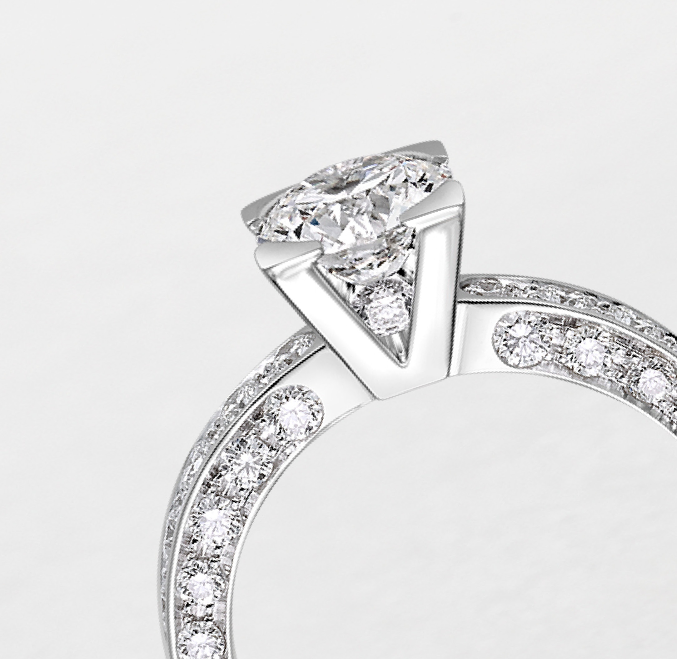 Close-up photo of the engagement ring by Giorgio Visconti. Profile with the emblematic "V" by Visconti